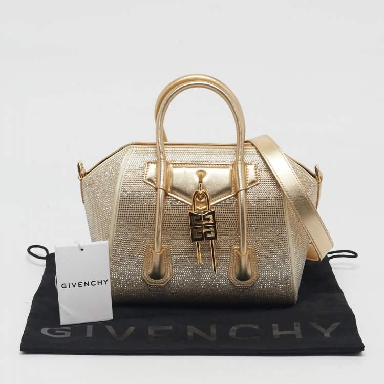 Pre Owned Givenchy Gold Crystal Embellished Satin and Leather Mini Antigona Lock Tote
