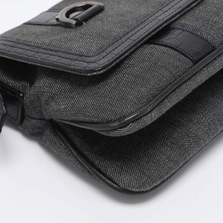 Pre Owned Givenchy Grey/Black Canvas and Croc Embossed Leather Flap Shoulder Bag  
