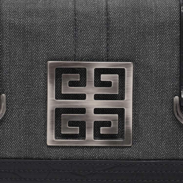 Pre Owned Givenchy Grey/Black Canvas and Croc Embossed Leather Flap Shoulder Bag  