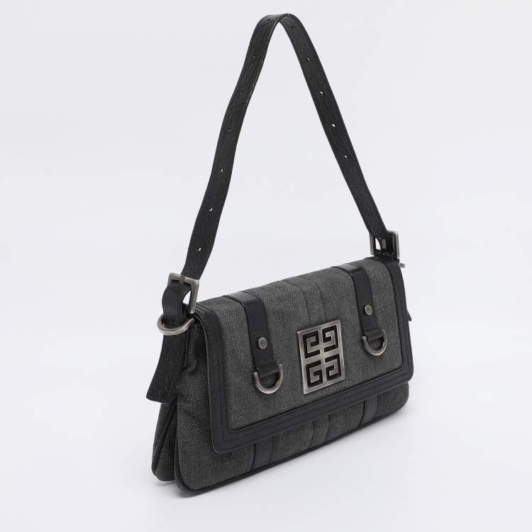 Pre Owned Givenchy Grey/Black Canvas and Croc Embossed Leather Flap Shoulder Bag  