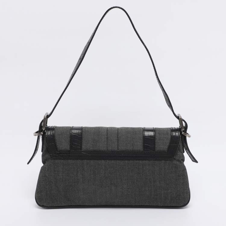 Pre Owned Givenchy Grey/Black Canvas and Croc Embossed Leather Flap Shoulder Bag  