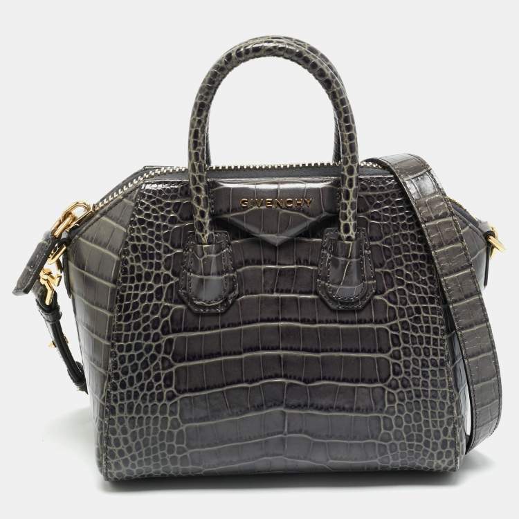 Pre Owned Givenchy Dark Grey Croc Embossed Leather Mini Antigona Satchel