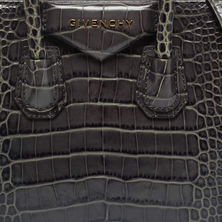 Pre Owned Givenchy Dark Grey Croc Embossed Leather Mini Antigona Satchel