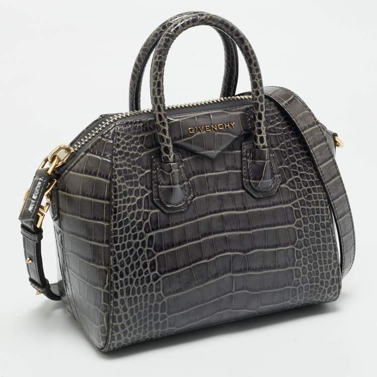 Pre Owned Givenchy Dark Grey Croc Embossed Leather Mini Antigona Satchel