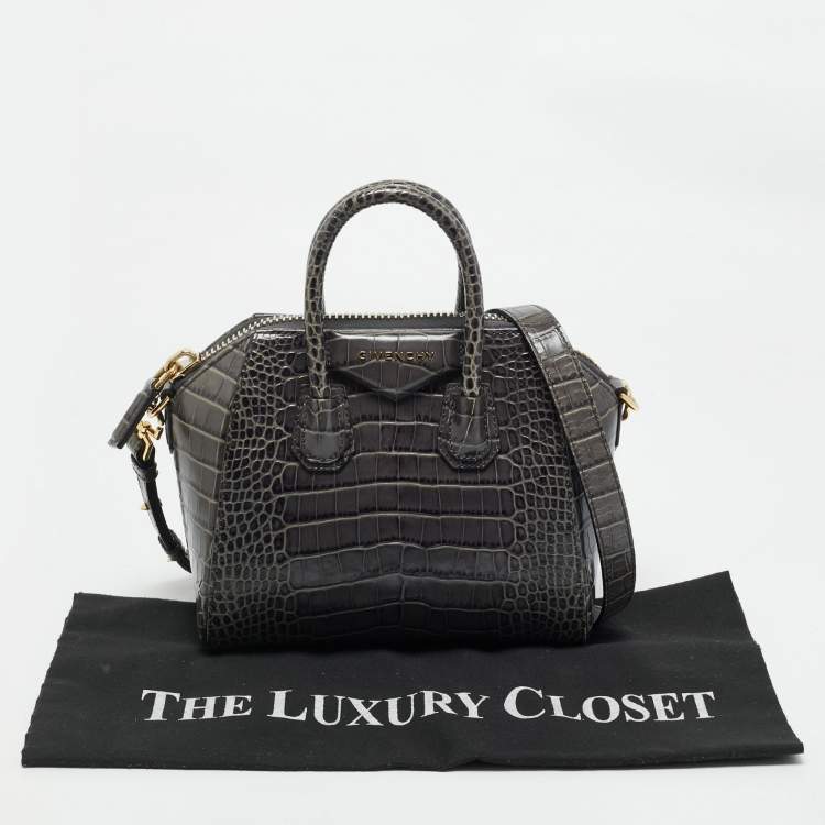 Pre Owned Givenchy Dark Grey Croc Embossed Leather Mini Antigona Satchel