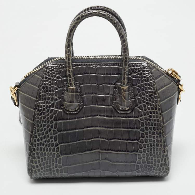 Pre Owned Givenchy Dark Grey Croc Embossed Leather Mini Antigona Satchel