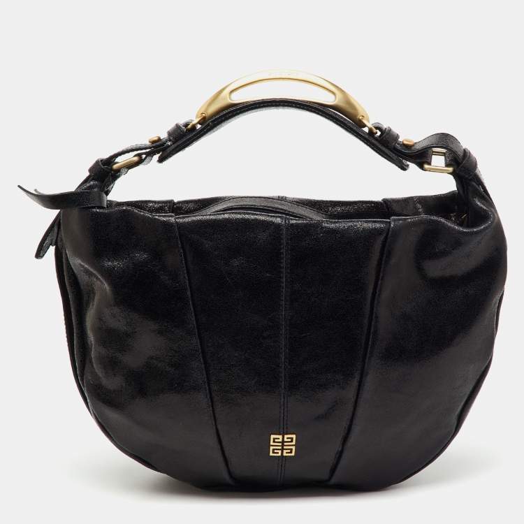 Pre Owned Givenchy Black Crinkled Glossy Leather Metal Handle Hobo