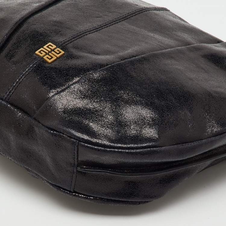 Pre Owned Givenchy Black Crinkled Glossy Leather Metal Handle Hobo