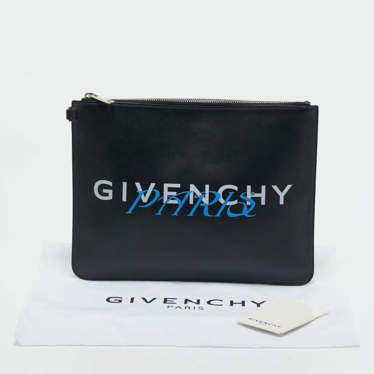 Pre Owned Givenchy Black Leather Logo Zip  Flat Pouch 