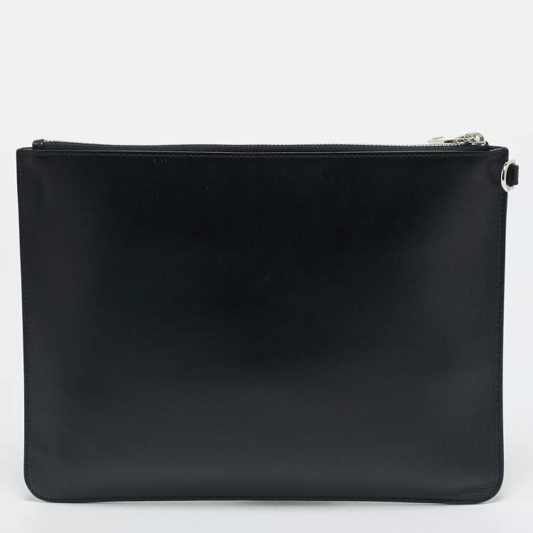 Pre Owned Givenchy Black Leather Logo Zip  Flat Pouch 