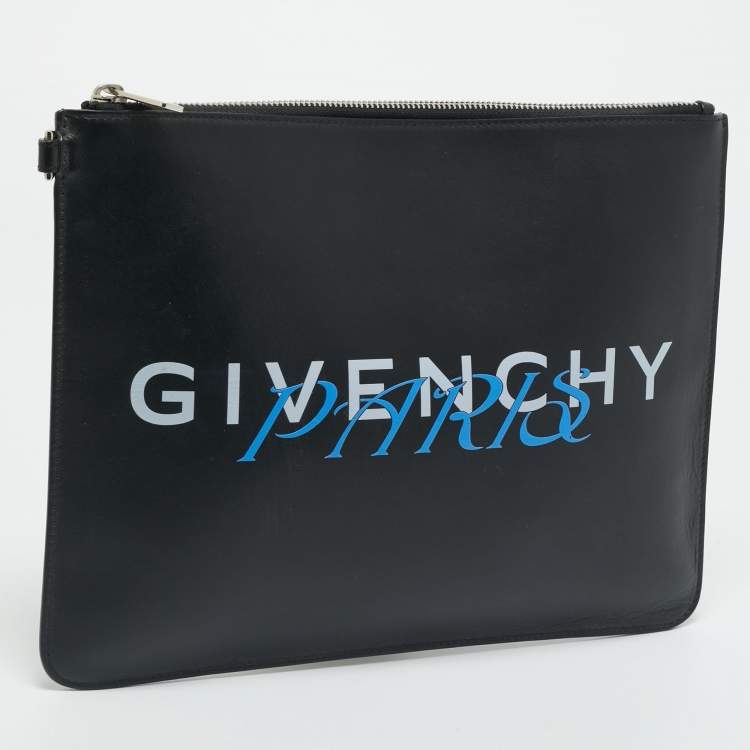 Pre Owned Givenchy Black Leather Logo Zip  Flat Pouch 