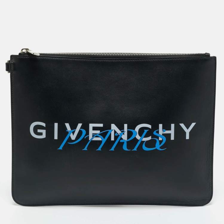 Pre Owned Givenchy Black Leather Logo Zip  Flat Pouch 