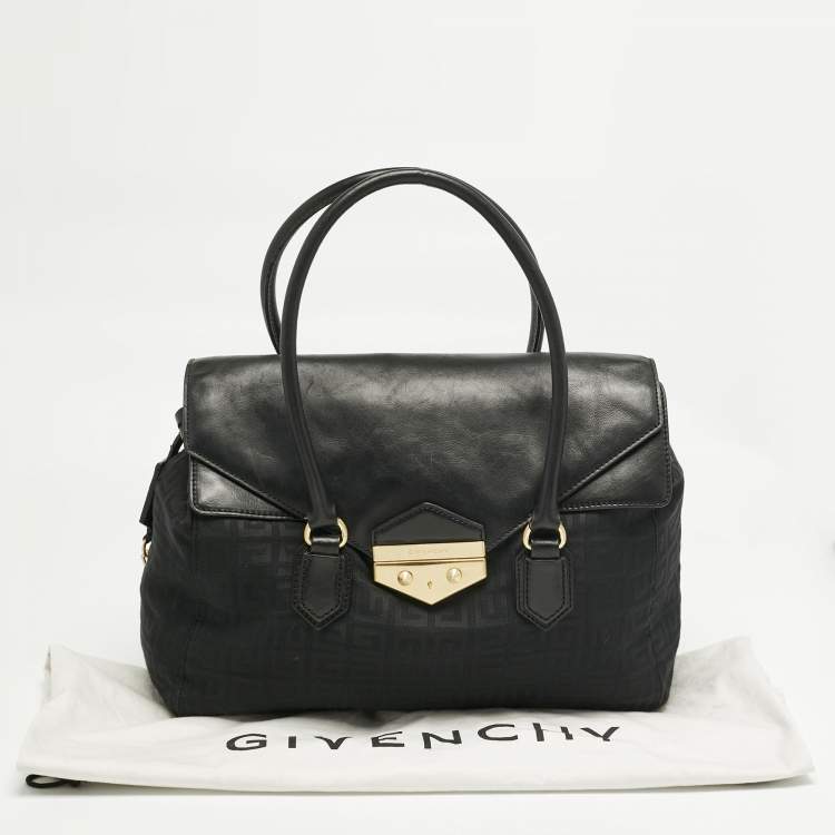 Pre Owned Givenchy Black Logo Jacquard Fabric and Leather Double Flap Satchel