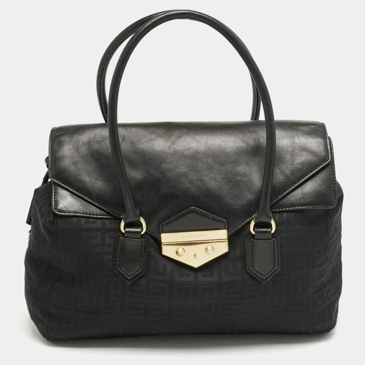Pre Owned Givenchy Black Logo Jacquard Fabric and Leather Double Flap Satchel