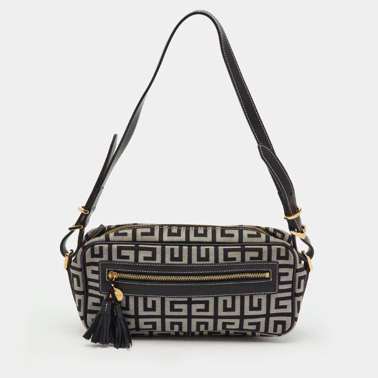 Pre Owned Givenchy Black/Grey Monogram Canvas and Leather Tassel Shoulder Bag