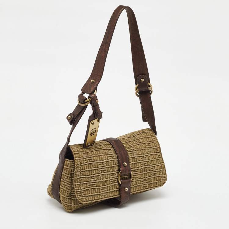 Pre Owned Givenchy Green/Brown Signature Canvas and Leather Flap Shoulder Bag