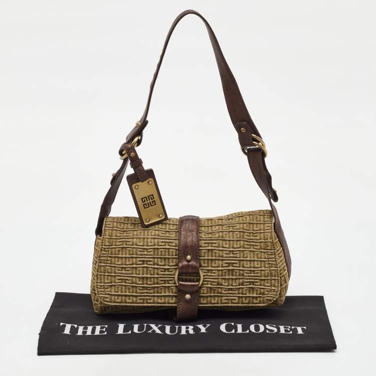 Pre Owned Givenchy Green/Brown Signature Canvas and Leather Flap Shoulder Bag