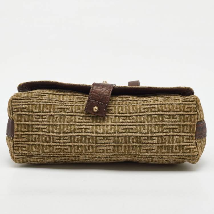 Pre Owned Givenchy Green/Brown Signature Canvas and Leather Flap Shoulder Bag