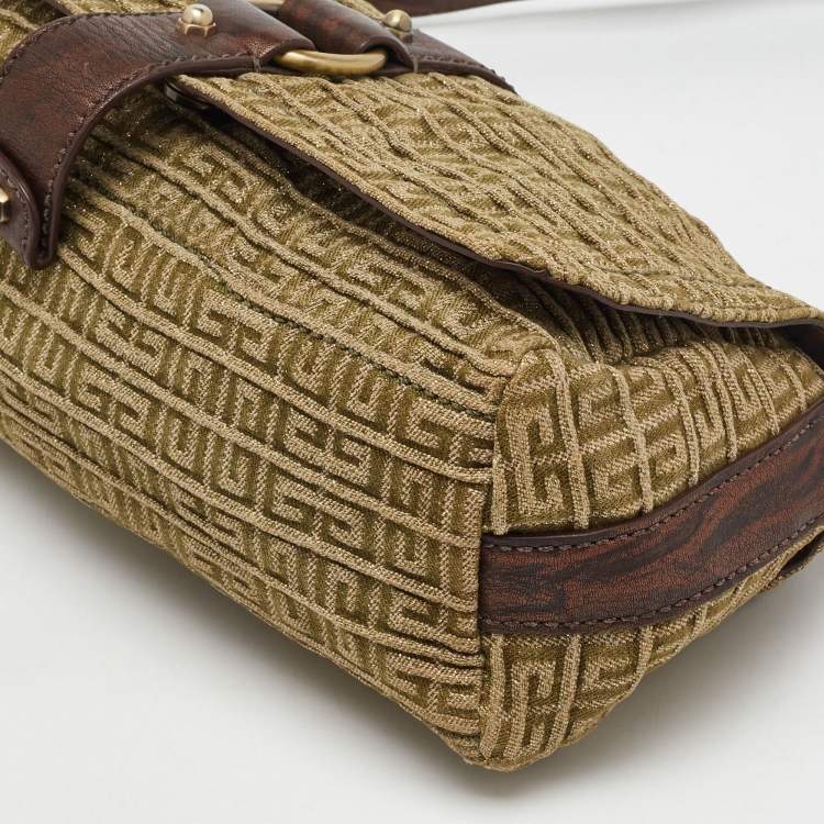 Pre Owned Givenchy Green/Brown Signature Canvas and Leather Flap Shoulder Bag