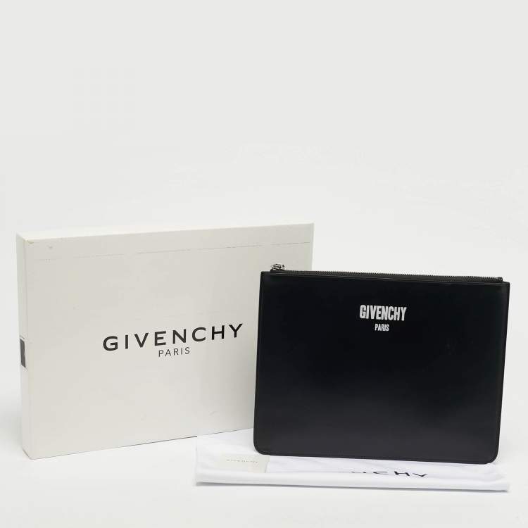 Pre Owned Givenchy Black Leather Logo Print Zipped Pouch