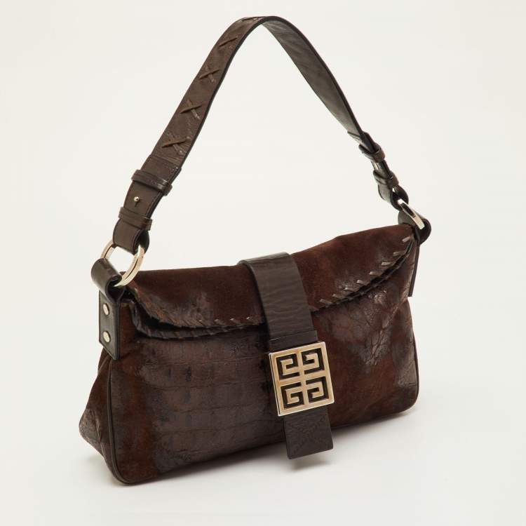 Pre Owned Givenchy Dark Brown Croc Embossed Suede Logo Flap Baguette