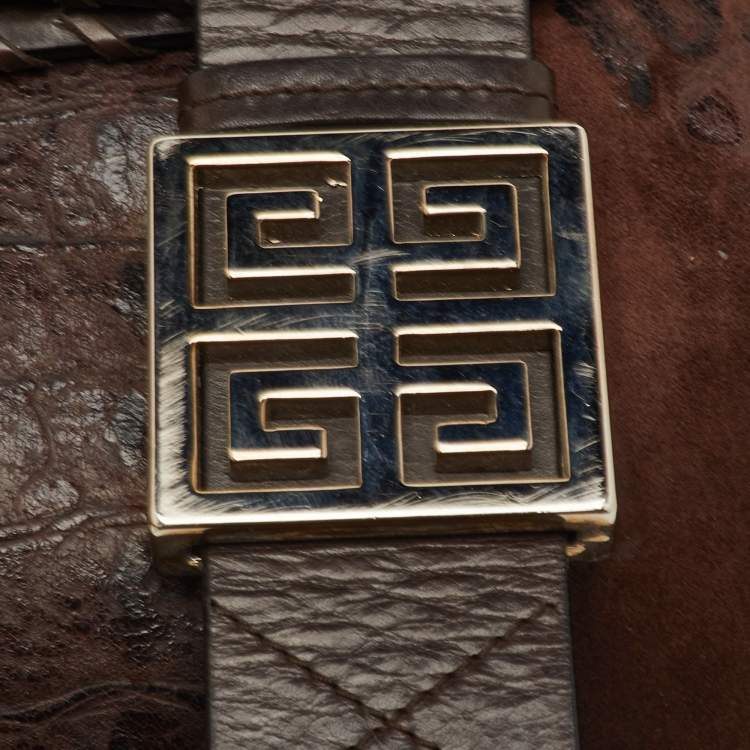 Pre Owned Givenchy Dark Brown Croc Embossed Suede Logo Flap Baguette