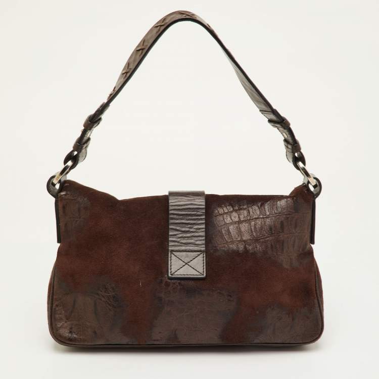 Pre Owned Givenchy Dark Brown Croc Embossed Suede Logo Flap Baguette