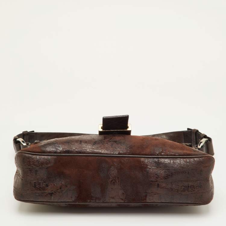 Pre Owned Givenchy Dark Brown Croc Embossed Suede Logo Flap Baguette