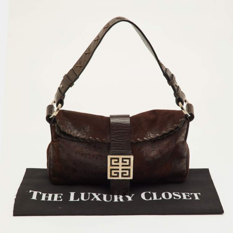 Pre Owned Givenchy Dark Brown Croc Embossed Suede Logo Flap Baguette