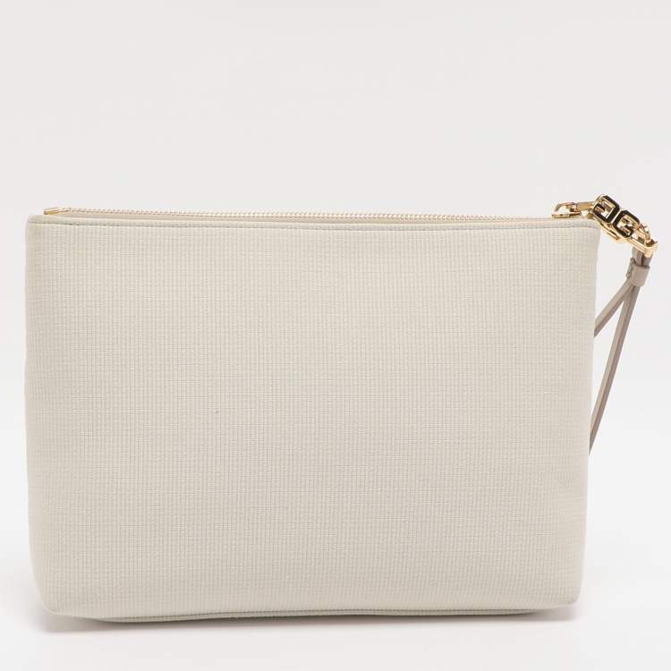 Pre Owned Givenchy Logo Embroidered Off White Canvas Wristlet Clutch