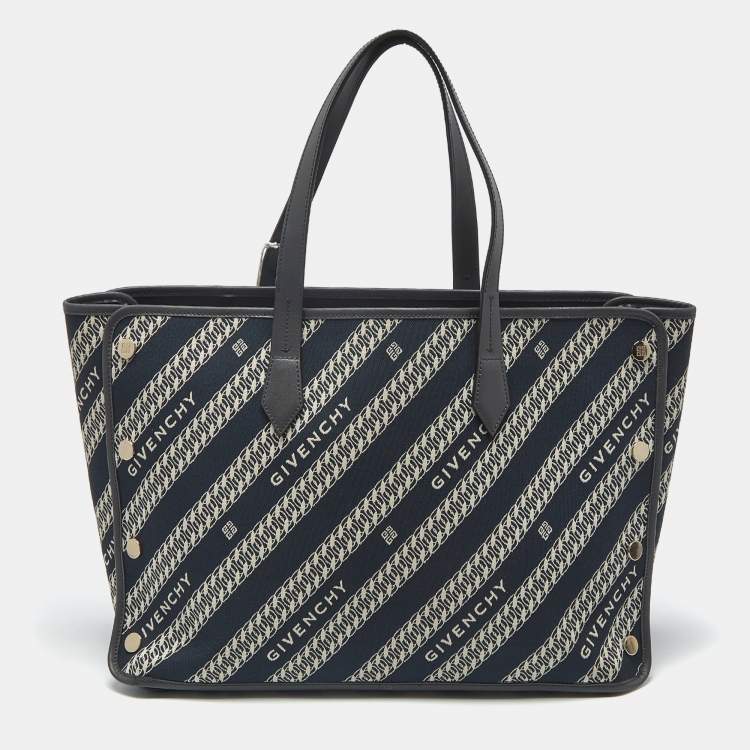 Pre Owned Givenchy Bond Chain Navy Blue/White Logo Jacquard and Leather Tote