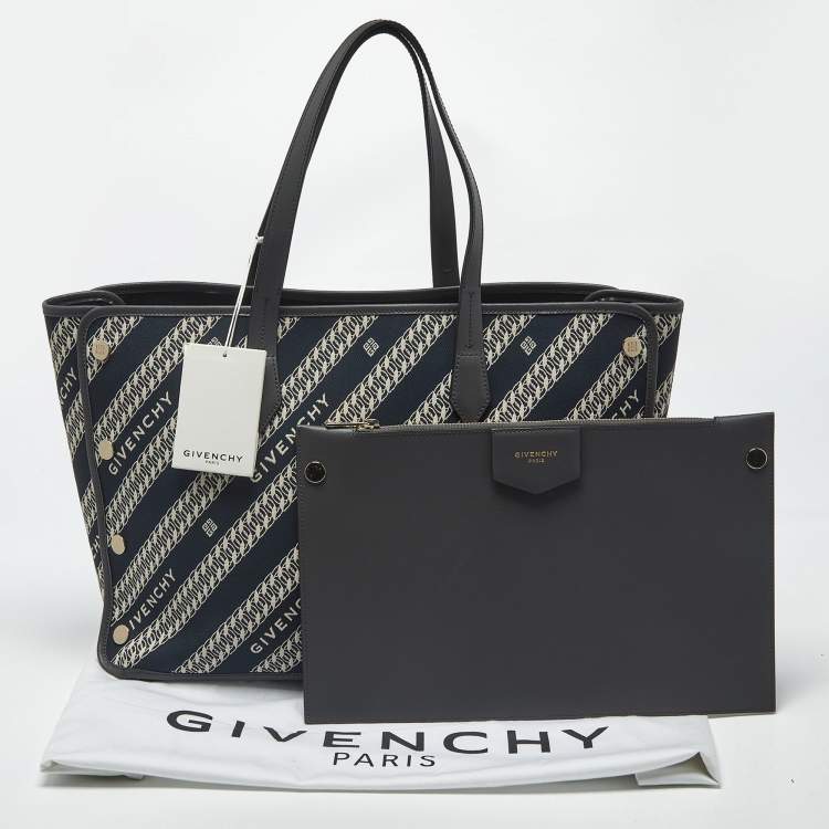 Pre Owned Givenchy Bond Chain Navy Blue/White Logo Jacquard and Leather Tote
