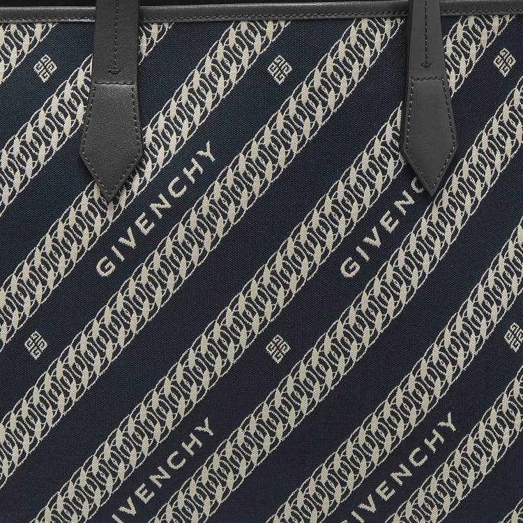 Pre Owned Givenchy Bond Chain Navy Blue/White Logo Jacquard and Leather Tote
