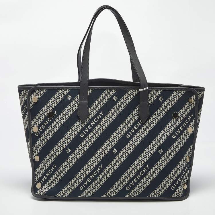 Pre Owned Givenchy Bond Chain Navy Blue/White Logo Jacquard and Leather Tote
