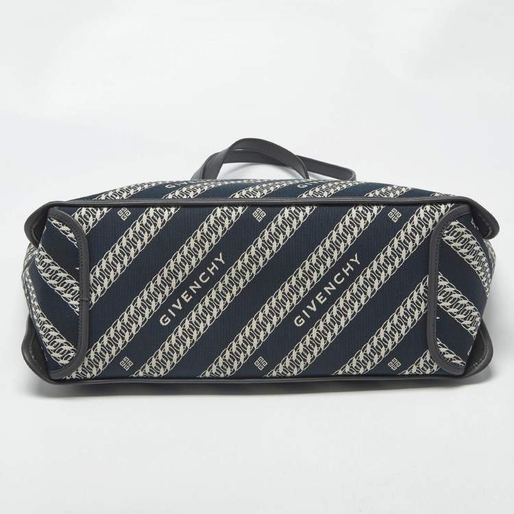 Pre Owned Givenchy Bond Chain Navy Blue/White Logo Jacquard and Leather Tote