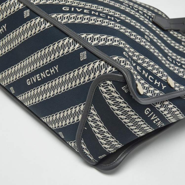 Pre Owned Givenchy Bond Chain Navy Blue/White Logo Jacquard and Leather Tote