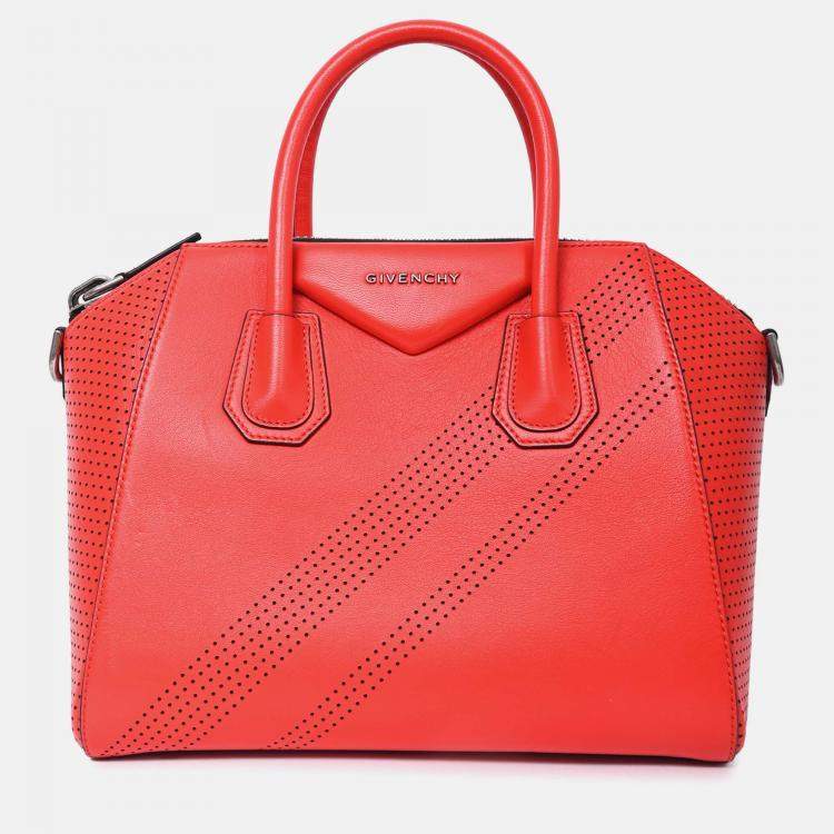 Pre Owned Givenchy Red Perforated Leather Small Antigona Top Handle