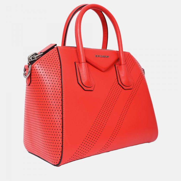 Pre Owned Givenchy Red Perforated Leather Small Antigona Top Handle