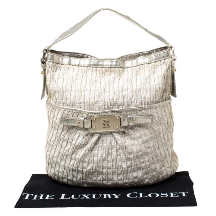 Pre Owned Givenchy Beige Shimmering Canvas and Leather Trim Hobo