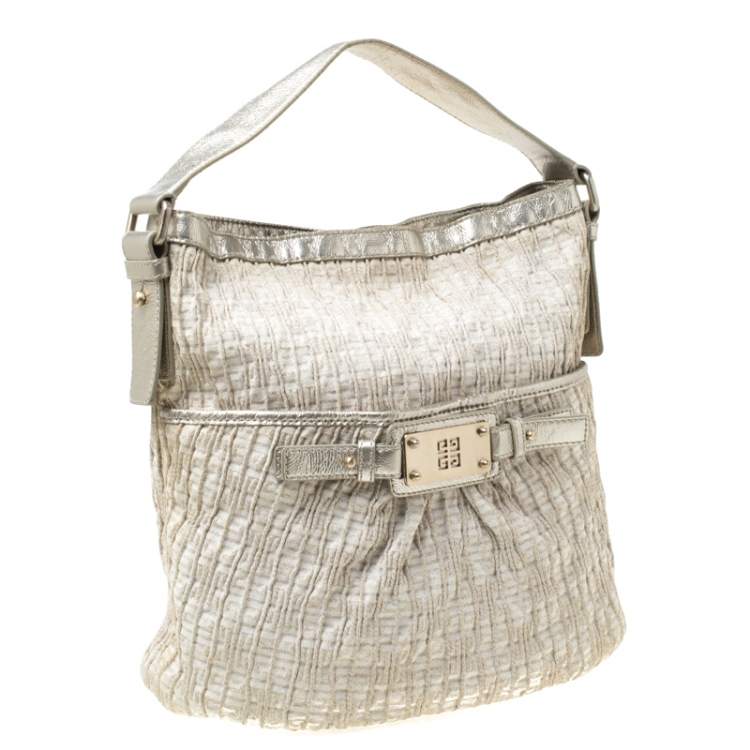 Pre Owned Givenchy Beige Shimmering Canvas and Leather Trim Hobo