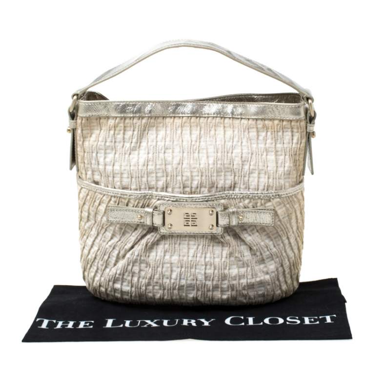 Pre Owned Givenchy Beige Shimmering Canvas and Leather Small Trim Hobo