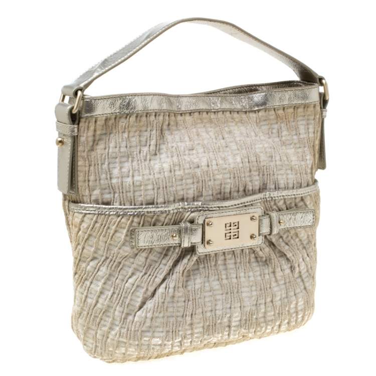 Pre Owned Givenchy Beige Shimmering Canvas and Leather Small Trim Hobo