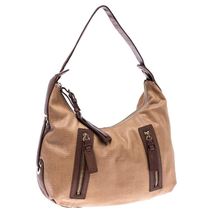 Pre Owned Givenchy Beige/Brown Monogram Embossed Leather Double Zip Pocket Hobo
