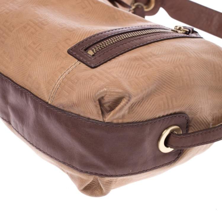 Pre Owned Givenchy Beige/Brown Monogram Embossed Leather Double Zip Pocket Hobo