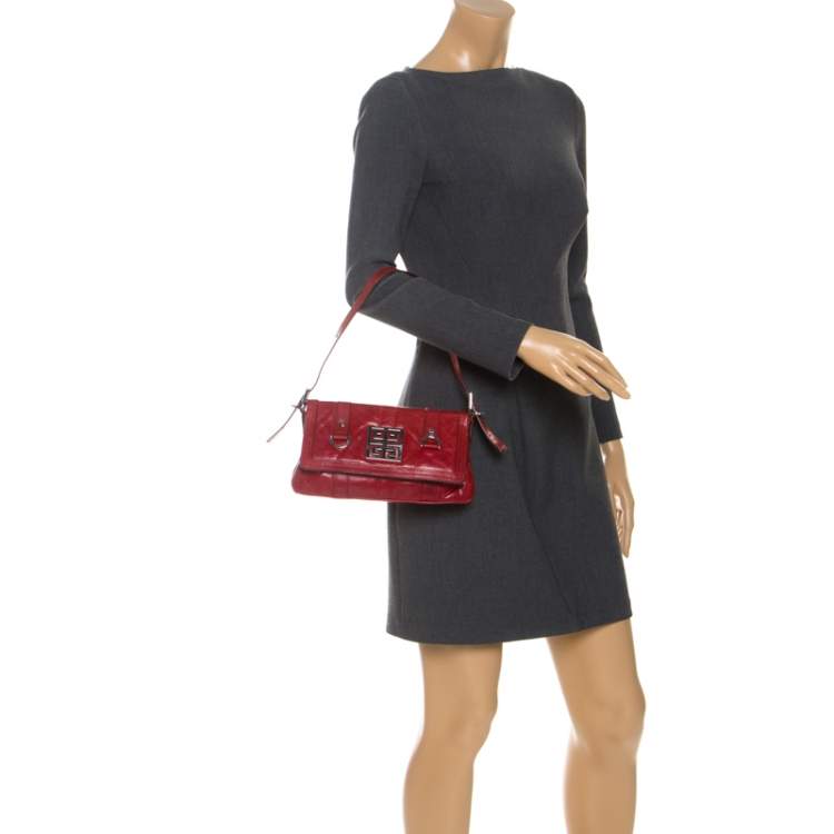 Pre Owned Givenchy Red Leather Logo Shoulder Bag