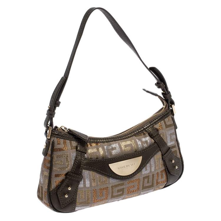 Pre Owned Givenchy Beige/Metallic Monogram Canvas and Leather Baguette