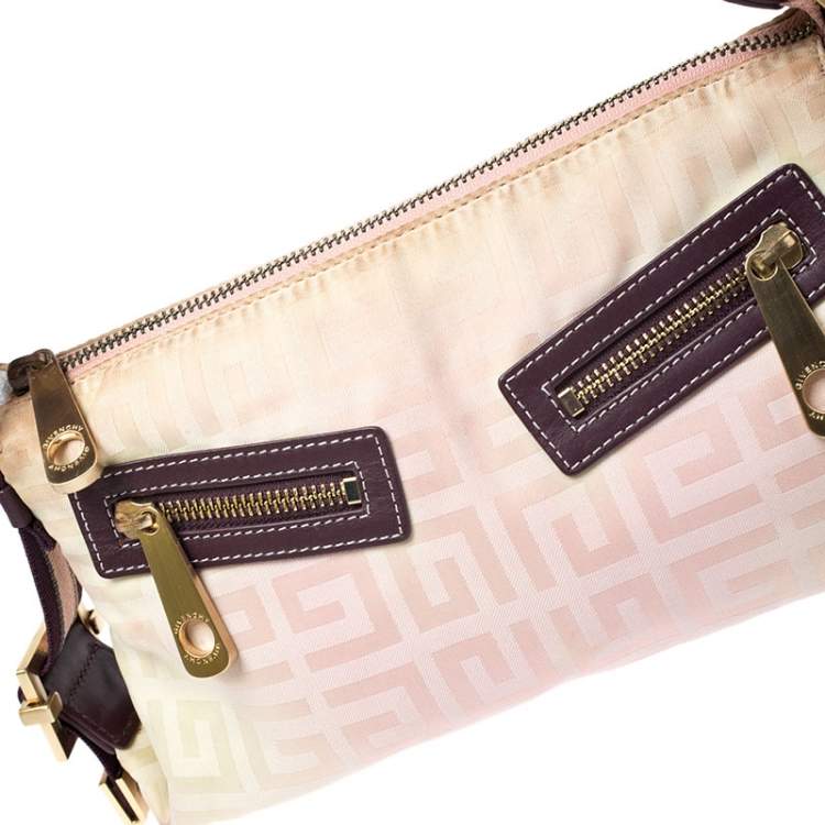 Pre Owned Givenchy Cream/Light Pink Logo Print Canvas Double Pocket Zip Baguette