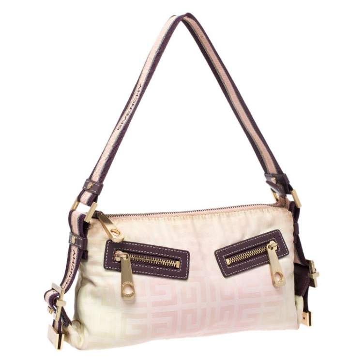 Pre Owned Givenchy Cream/Light Pink Logo Print Canvas Double Pocket Zip Baguette
