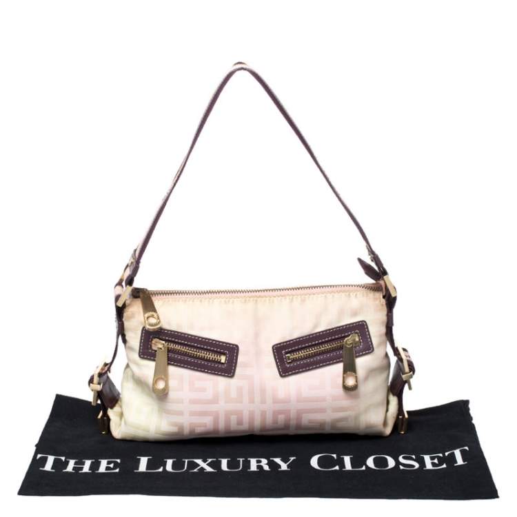 Pre Owned Givenchy Cream/Light Pink Logo Print Canvas Double Pocket Zip Baguette