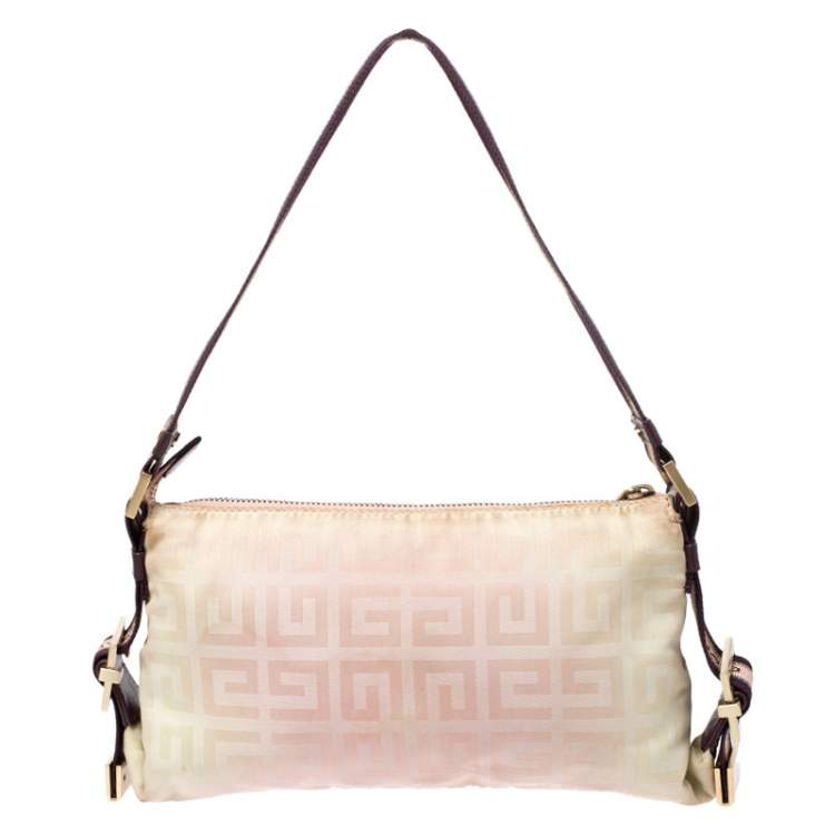Pre Owned Givenchy Cream/Light Pink Logo Print Canvas Double Pocket Zip Baguette